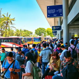 A lively bus station bustling with activity during the day, featuring various diverse travelers waiting for their buses