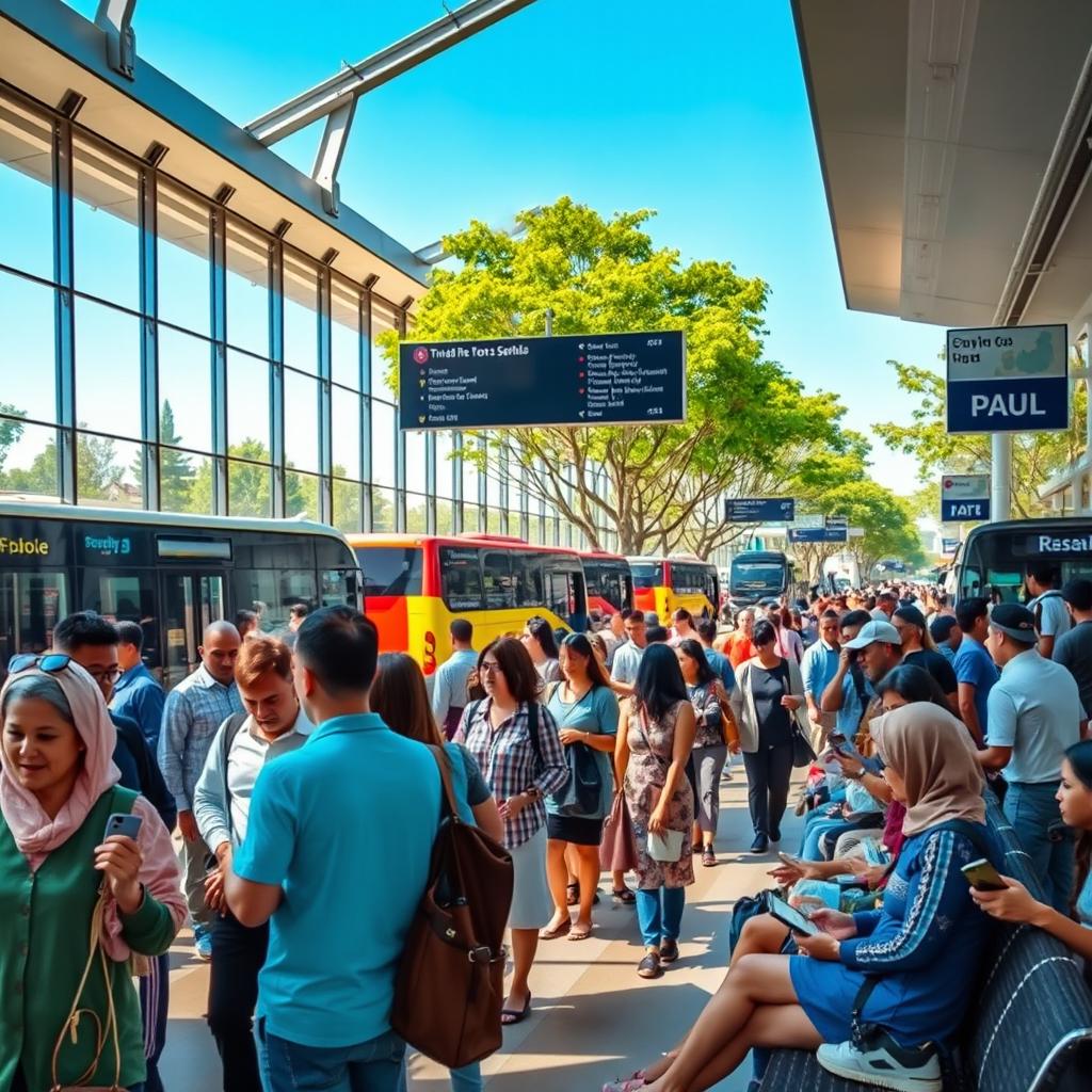 A lively bus station bustling with activity during the day, featuring various diverse travelers waiting for their buses