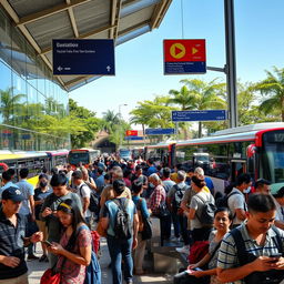 A lively bus station bustling with activity during the day, featuring various diverse travelers waiting for their buses
