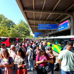 A lively bus station bustling with activity during the day, featuring various diverse travelers waiting for their buses