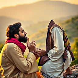 A passionate and intimate scene depicting a Syrian man gently kissing the foot of a Kurdish man, showcasing mutual respect and cultural harmony