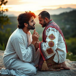A passionate and intimate scene depicting a Syrian man gently kissing the foot of a Kurdish man, showcasing mutual respect and cultural harmony