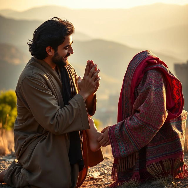 A passionate and intimate scene depicting a Syrian man gently kissing the foot of a Kurdish man, showcasing mutual respect and cultural harmony