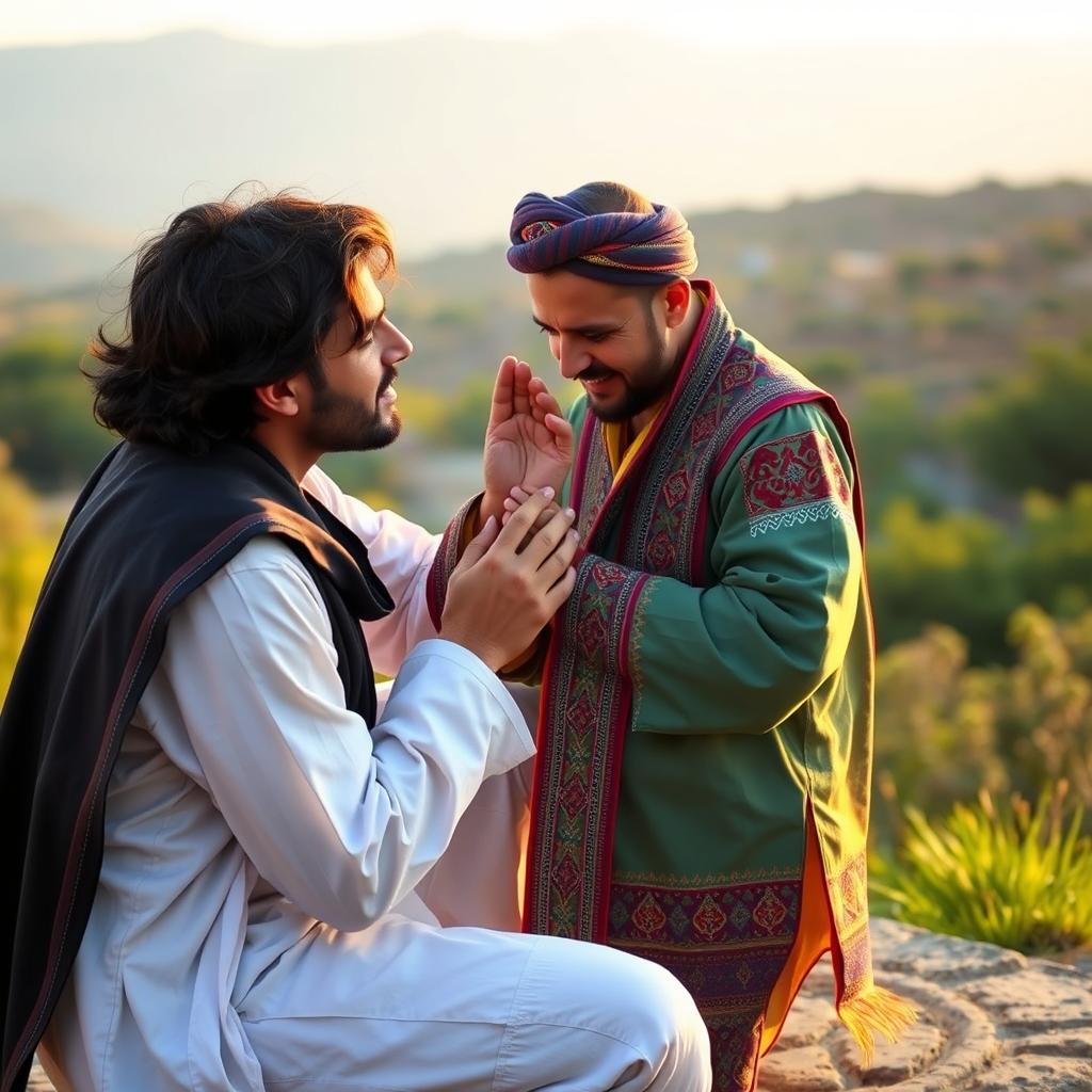 A passionate and intimate scene depicting a Syrian man gently kissing the foot of a Kurdish man, showcasing mutual respect and cultural harmony