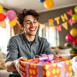 A joyful scene depicting a young adult with a delighted expression as they open a beautifully wrapped birthday gift