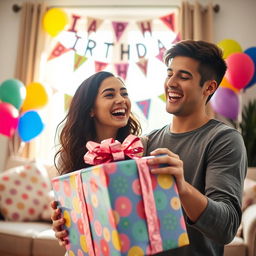 A joyful scene depicting a young adult with a delighted expression as they open a beautifully wrapped birthday gift