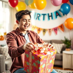 A joyful scene depicting a young adult with a delighted expression as they open a beautifully wrapped birthday gift