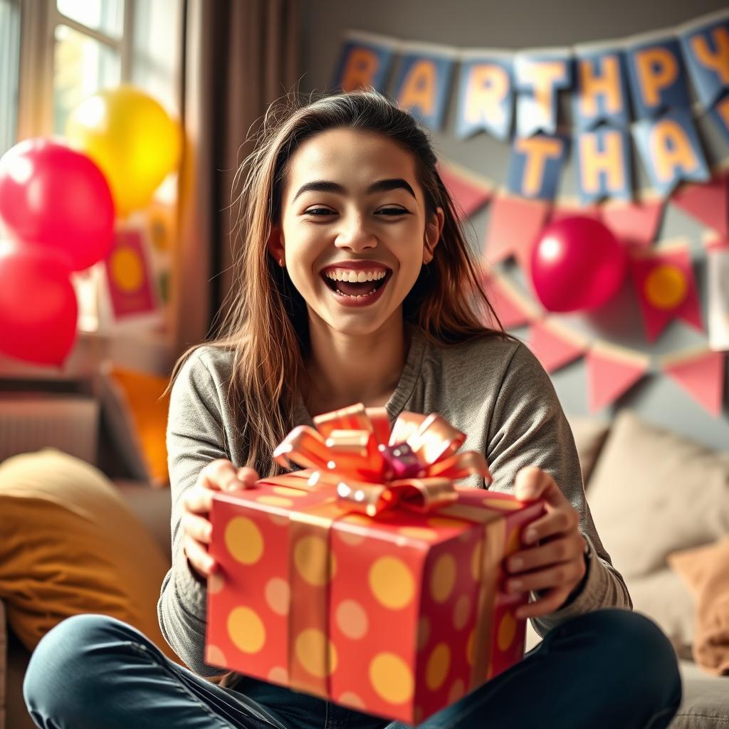 A joyful scene depicting a young adult with a delighted expression as they open a beautifully wrapped birthday gift