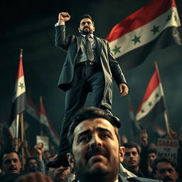 A powerful and symbolic scene depicting Ahmad Al Sharaa standing triumphantly over Bashar Assad's head, set in a dramatic political context