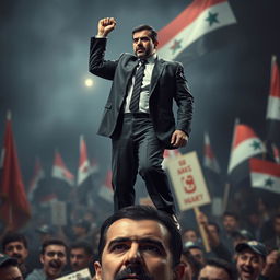 A powerful and symbolic scene depicting Ahmad Al Sharaa standing triumphantly over Bashar Assad's head, set in a dramatic political context