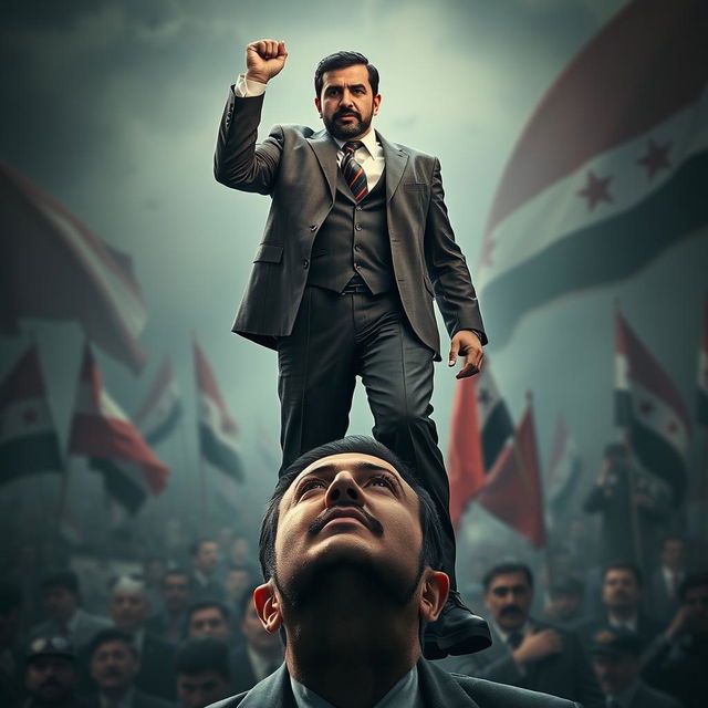 A powerful and symbolic scene depicting Ahmad Al Sharaa standing triumphantly over Bashar Assad's head, set in a dramatic political context