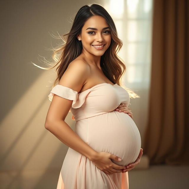 A radiant pregnant woman in a serene setting, showcasing her beautiful baby bump, wearing a flowing, pastel-colored dress