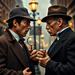 A dramatic and intense face-off between two iconic detectives: Sherlock Holmes, a tall man with sharp features, clad in a classic Victorian suit, complete with a deerstalker cap and holding a magnifying glass, versus Hercule Poirot, a shorter man with a meticulous appearance, sporting a well-groomed mustache and a tailored suit, holding an ornate pocket watch