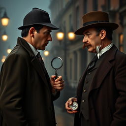 A dramatic and intense face-off between two iconic detectives: Sherlock Holmes, a tall man with sharp features, clad in a classic Victorian suit, complete with a deerstalker cap and holding a magnifying glass, versus Hercule Poirot, a shorter man with a meticulous appearance, sporting a well-groomed mustache and a tailored suit, holding an ornate pocket watch