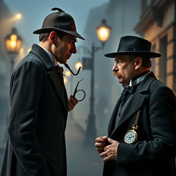 A dramatic and intense face-off between two iconic detectives: Sherlock Holmes, a tall man with sharp features, clad in a classic Victorian suit, complete with a deerstalker cap and holding a magnifying glass, versus Hercule Poirot, a shorter man with a meticulous appearance, sporting a well-groomed mustache and a tailored suit, holding an ornate pocket watch