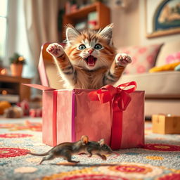 A playful scene of a cute cat leaping out of an open gift box, with its eyes wide open in excitement