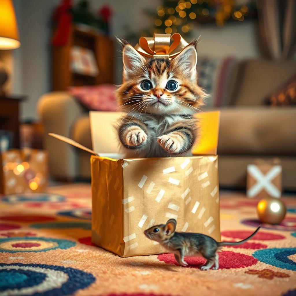 A playful scene of a cute cat leaping out of an open gift box, with its eyes wide open in excitement