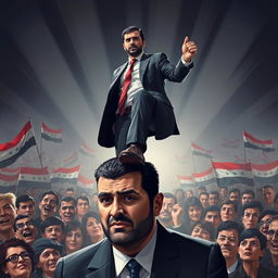 A powerful and symbolic image illustrating Ahmad Al Sharaa stepping assertively on the head of Bashar Assad, showcasing a moment of triumph and political defiance