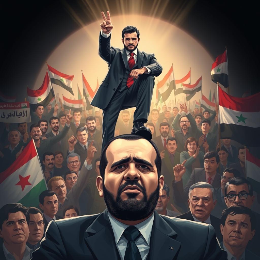 A powerful and symbolic image illustrating Ahmad Al Sharaa stepping assertively on the head of Bashar Assad, showcasing a moment of triumph and political defiance