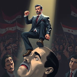 A powerful and symbolic image illustrating Ahmad Al Sharaa stepping assertively on the head of Bashar Assad, showcasing a moment of triumph and political defiance