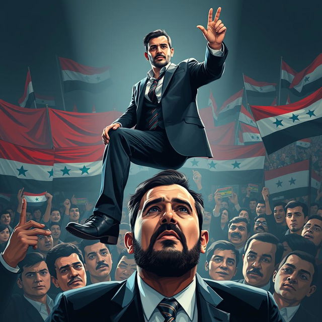 A powerful and symbolic image illustrating Ahmad Al Sharaa stepping assertively on the head of Bashar Assad, showcasing a moment of triumph and political defiance