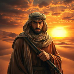 An evocative portrait capturing the essence of 'Operation Bedouin Revenge', illustrating a powerful and courageous Bedouin warrior in traditional attire, exuding strength and determination