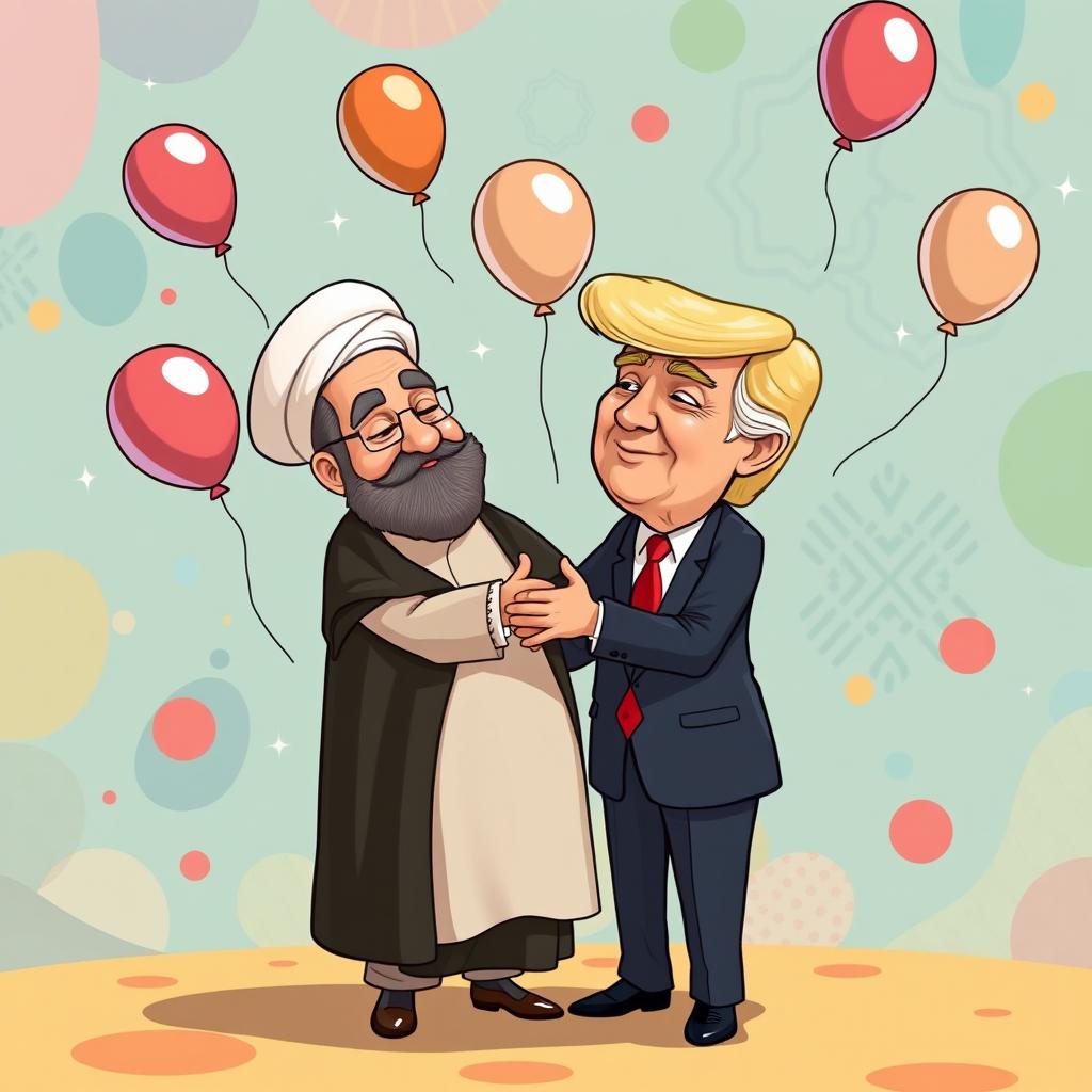 A surreal and imaginative scene featuring Ayatollah Khamenei and former President Trump in a light-hearted embrace
