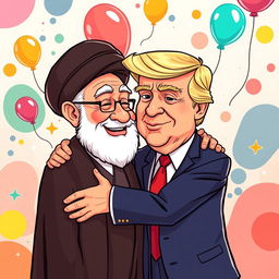 A surreal and imaginative scene featuring Ayatollah Khamenei and former President Trump in a light-hearted embrace