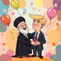 A surreal and imaginative scene featuring Ayatollah Khamenei and former President Trump in a light-hearted embrace