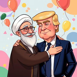 A surreal and imaginative scene featuring Ayatollah Khamenei and former President Trump in a light-hearted embrace