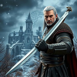 A crossover scene featuring Geralt of Rivia from The Witcher series in a medieval fantasy landscape reminiscent of Game of Thrones