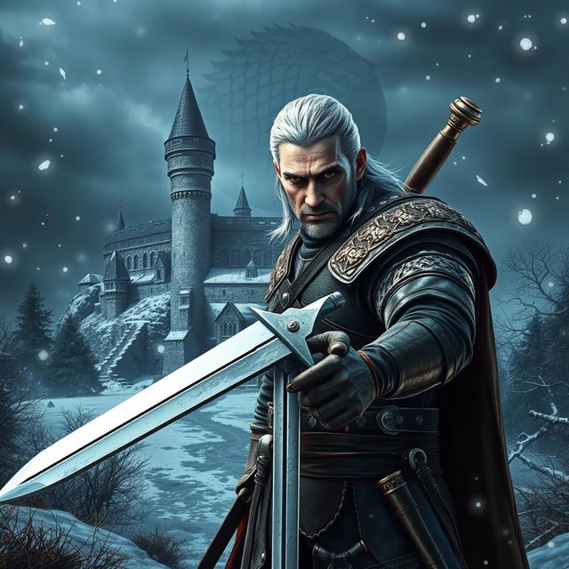 A crossover scene featuring Geralt of Rivia from The Witcher series in a medieval fantasy landscape reminiscent of Game of Thrones