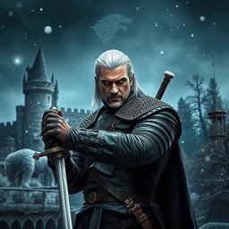 A crossover scene featuring Geralt of Rivia from The Witcher series in a medieval fantasy landscape reminiscent of Game of Thrones