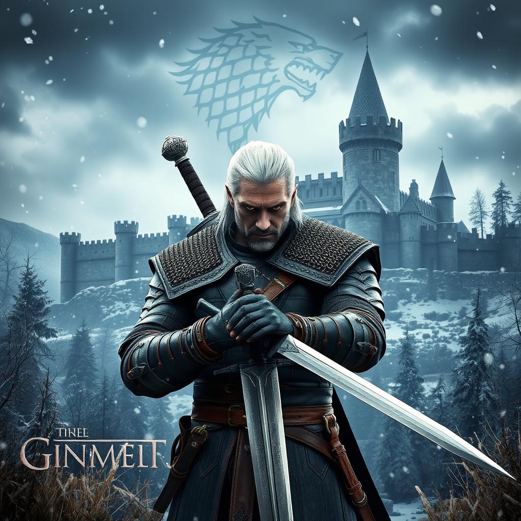 A crossover scene featuring Geralt of Rivia from The Witcher series in a medieval fantasy landscape reminiscent of Game of Thrones