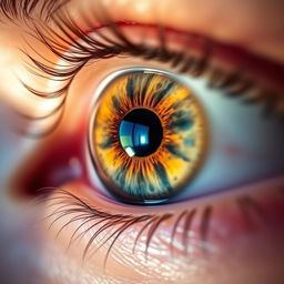 A detailed and artistic close-up of a human eye, showcasing vibrant colors in the iris, with reflections of light creating a sparkling effect