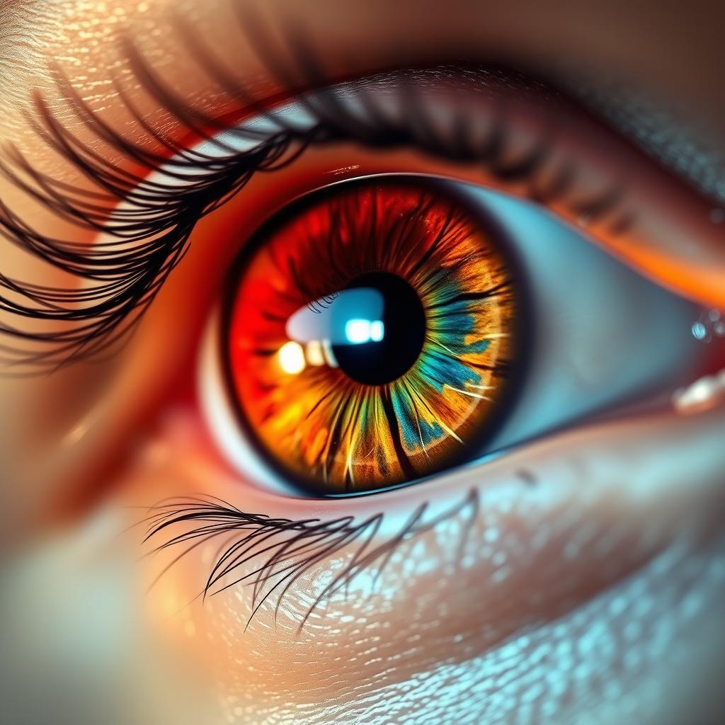 A detailed and artistic close-up of a human eye, showcasing vibrant colors in the iris, with reflections of light creating a sparkling effect