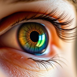 A detailed and artistic close-up of a human eye, showcasing vibrant colors in the iris, with reflections of light creating a sparkling effect