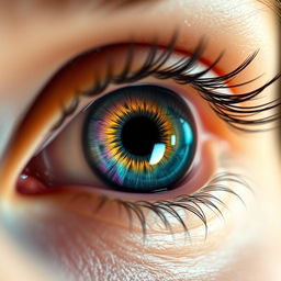 A detailed and artistic close-up of a human eye, showcasing vibrant colors in the iris, with reflections of light creating a sparkling effect