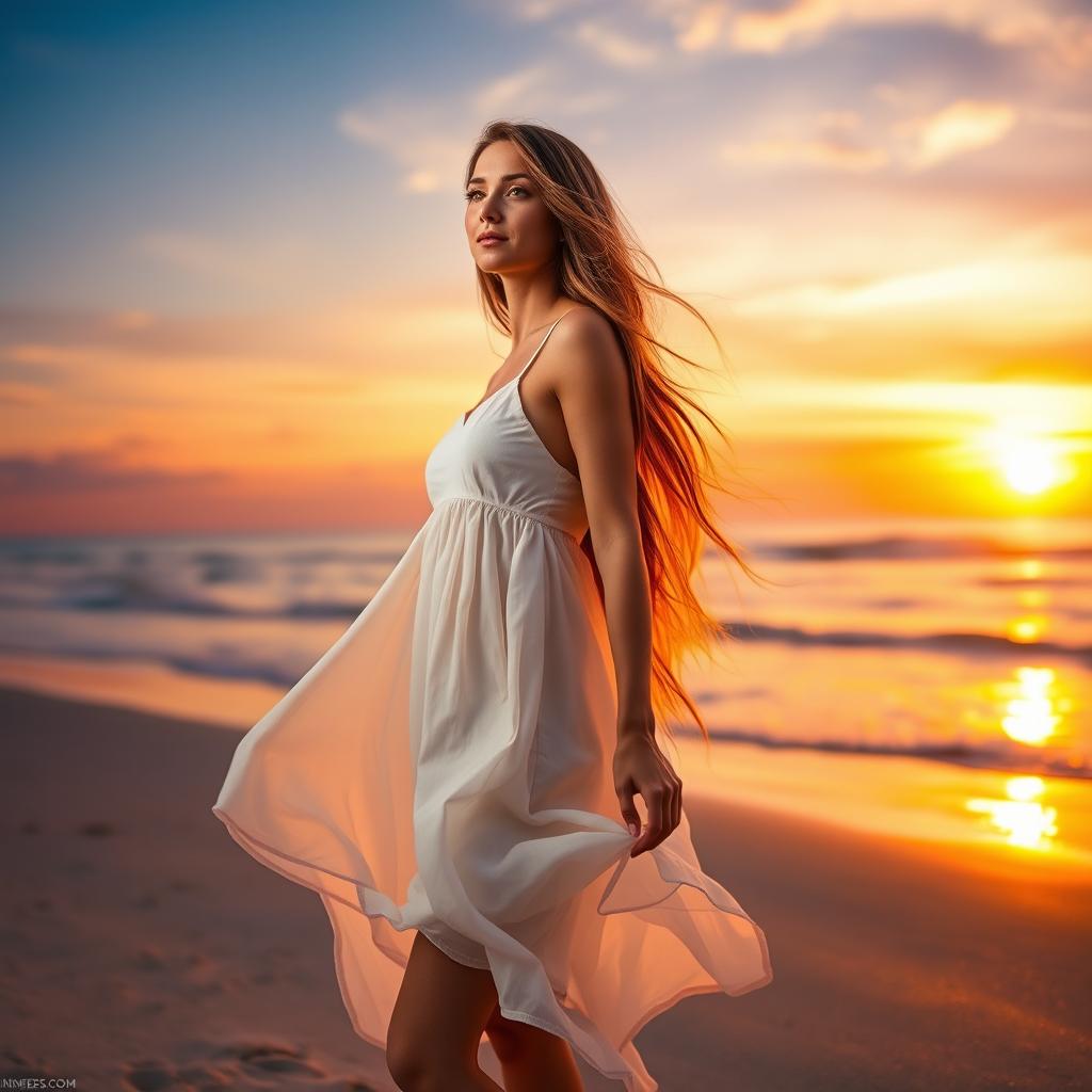 A beautiful woman with long flowing hair standing on a sandy beach, wearing a light, flowing summer dress that gently sways in the ocean breeze