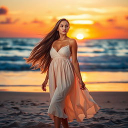 A beautiful woman with long flowing hair standing on a sandy beach, wearing a light, flowing summer dress that gently sways in the ocean breeze