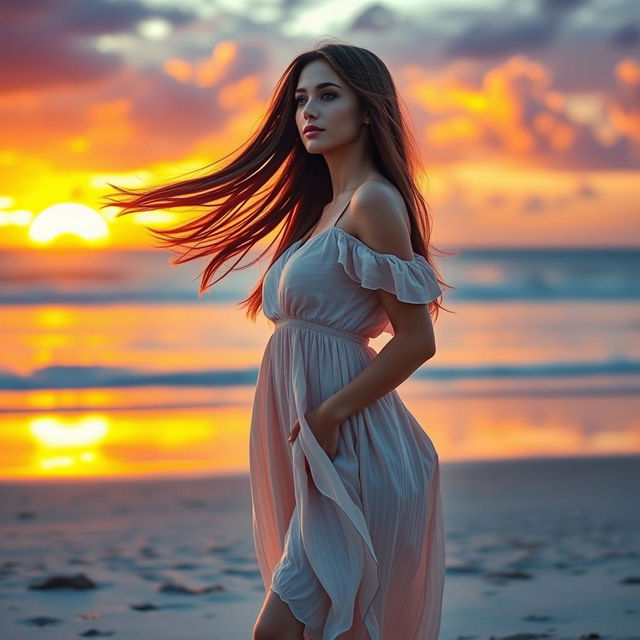 A beautiful woman with long flowing hair standing on a sandy beach, wearing a light, flowing summer dress that gently sways in the ocean breeze