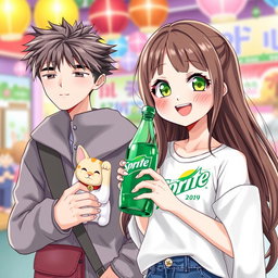 A cute girl with vibrant green eyes and long flowing brown hair, wearing a casual stylish outfit, happily holding a bottle of Sprite