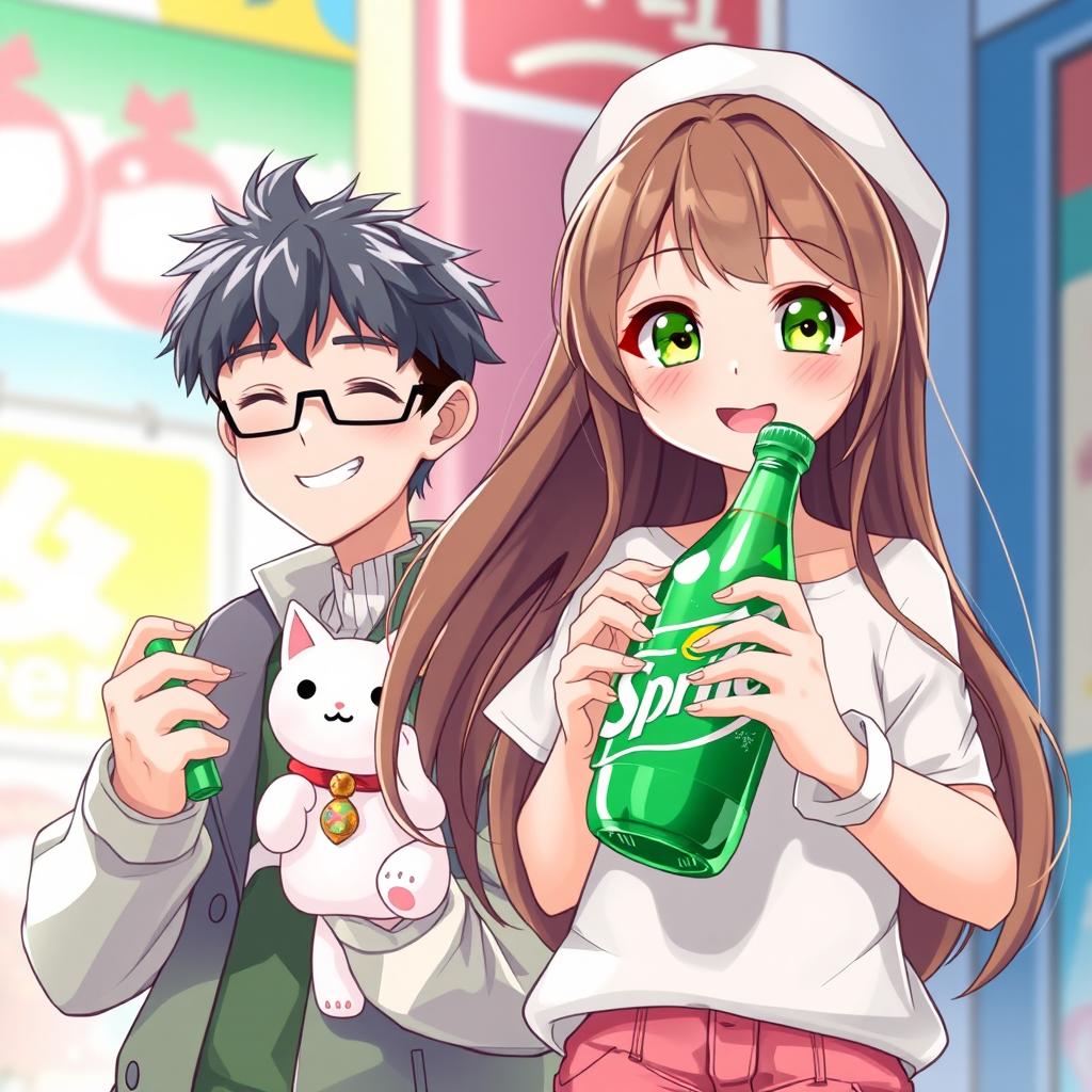 A cute girl with vibrant green eyes and long flowing brown hair, wearing a casual stylish outfit, happily holding a bottle of Sprite