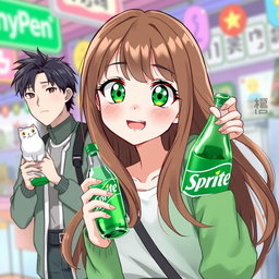 A cute girl with vibrant green eyes and long flowing brown hair, wearing a casual stylish outfit, happily holding a bottle of Sprite