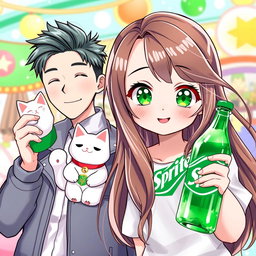 A cute girl with vibrant green eyes and long flowing brown hair, wearing a casual stylish outfit, happily holding a bottle of Sprite