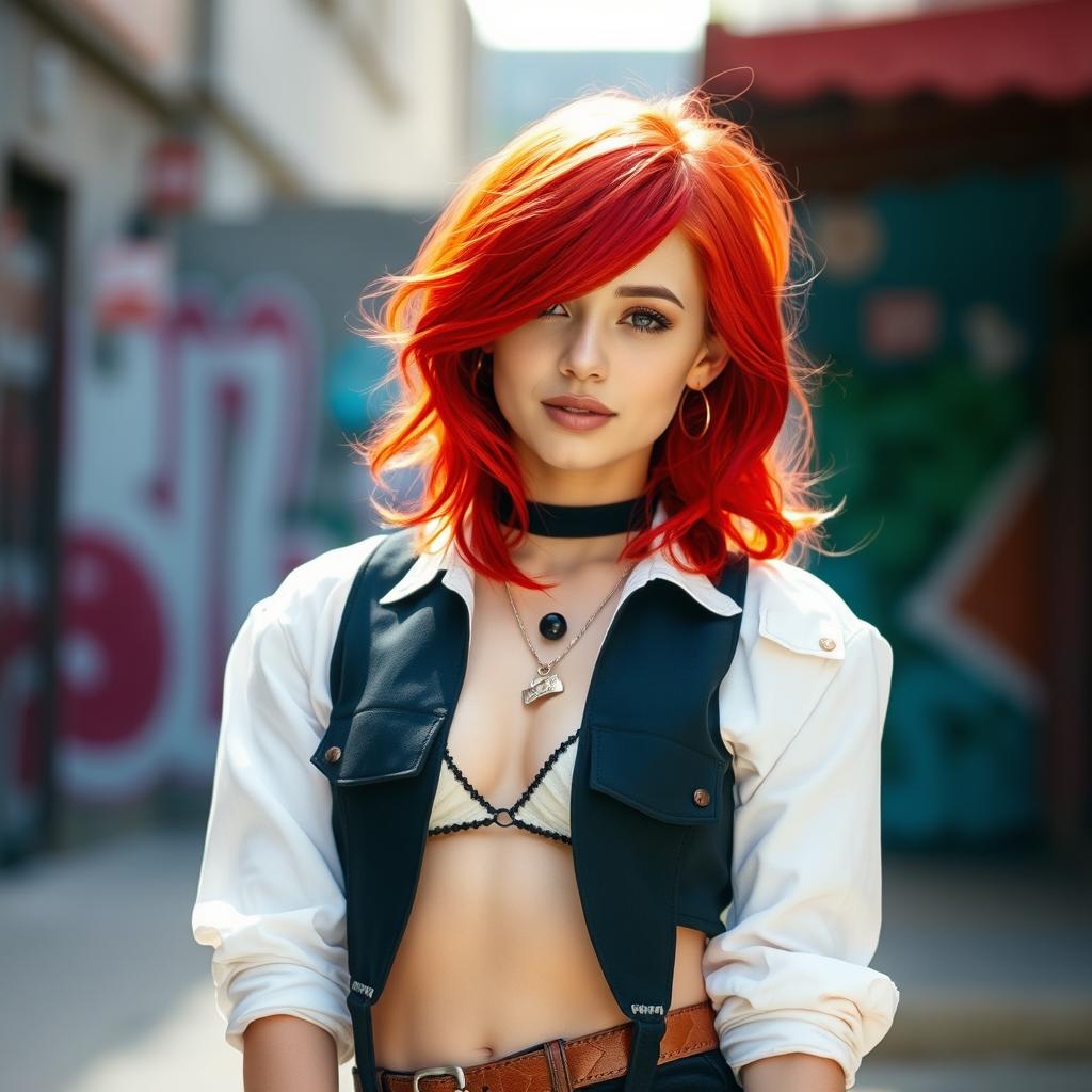 A strikingly beautiful girl with vibrant red hair that flows in waves, her hair glowing softly in the light