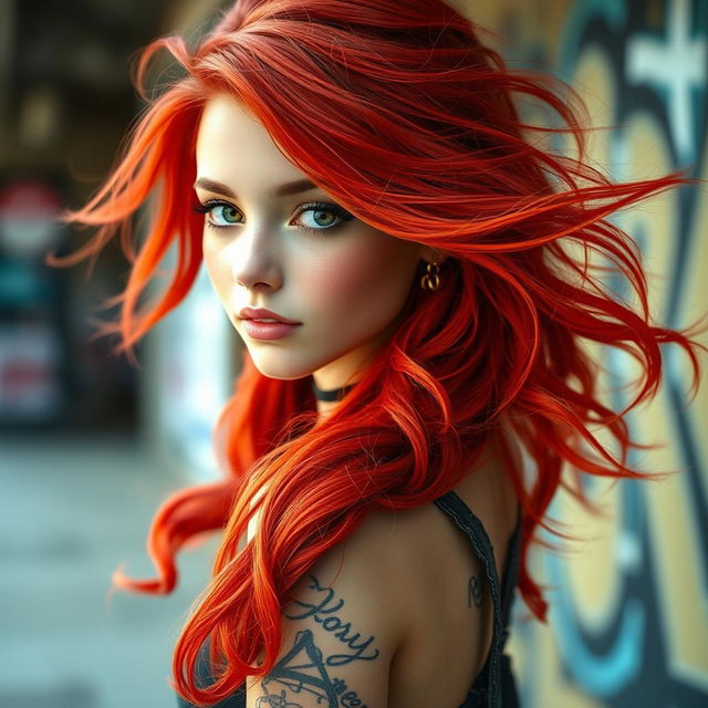 A strikingly beautiful girl with vibrant red hair that flows in waves, her hair glowing softly in the light