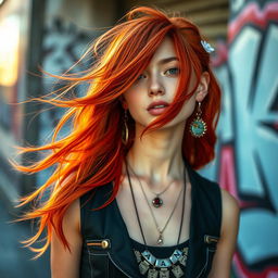 A strikingly beautiful girl with vibrant red hair that flows in waves, her hair glowing softly in the light