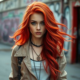 A strikingly beautiful girl with vibrant red hair that flows in waves, her hair glowing softly in the light