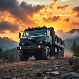 A powerful Kamaz truck driving through a rough terrain, surrounded by mountains and forest